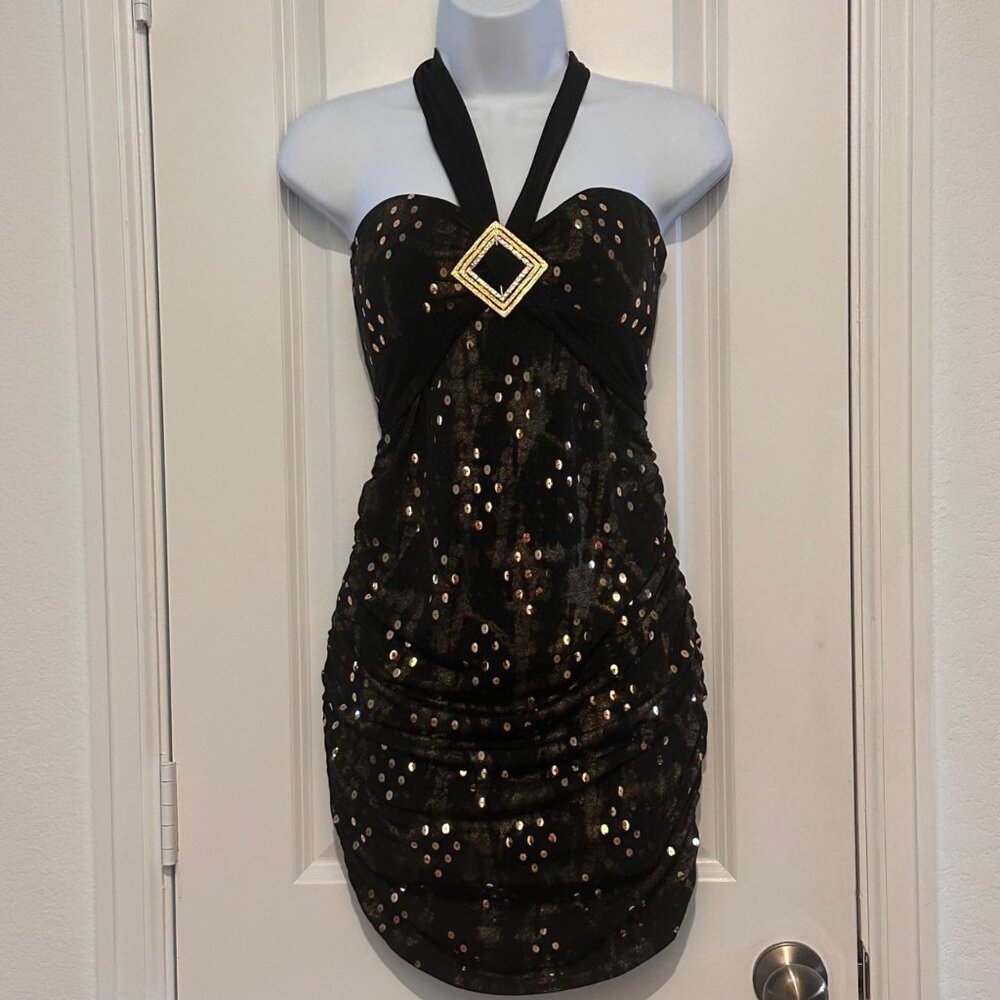 Black Halter Sequin Mini Dress With Gold Diamond Accent By Janice G/L